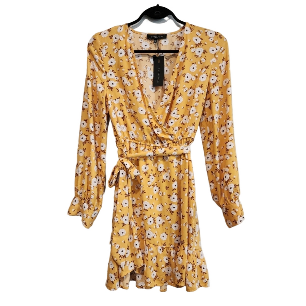 Dynamite Xs Wrap Long Sleeve Floral Yellow And White Daisy Dress Vneck